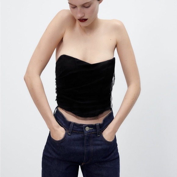 Zara CORSETRY-INSPIRED TULLE CROP TOP Black XS - Picture 9 of 15